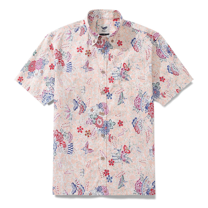 Men's Hawaiian Shirt Blossoms and Butterflies Print Cotton Button-down Short Sleeve Aloha Shirt By Amy
