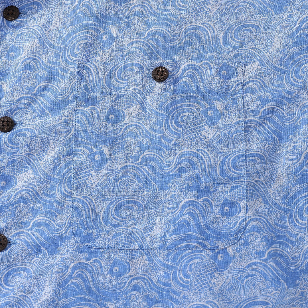 Hawaiian Shirts For Men Traditional Koi Carp Printed 100% Cotton Short Sleeve - Blue By Amy