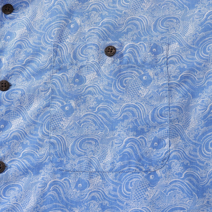 Hawaiian Shirts For Men Traditional Koi Carp Printed 100% Cotton Short Sleeve - Blue By Amy