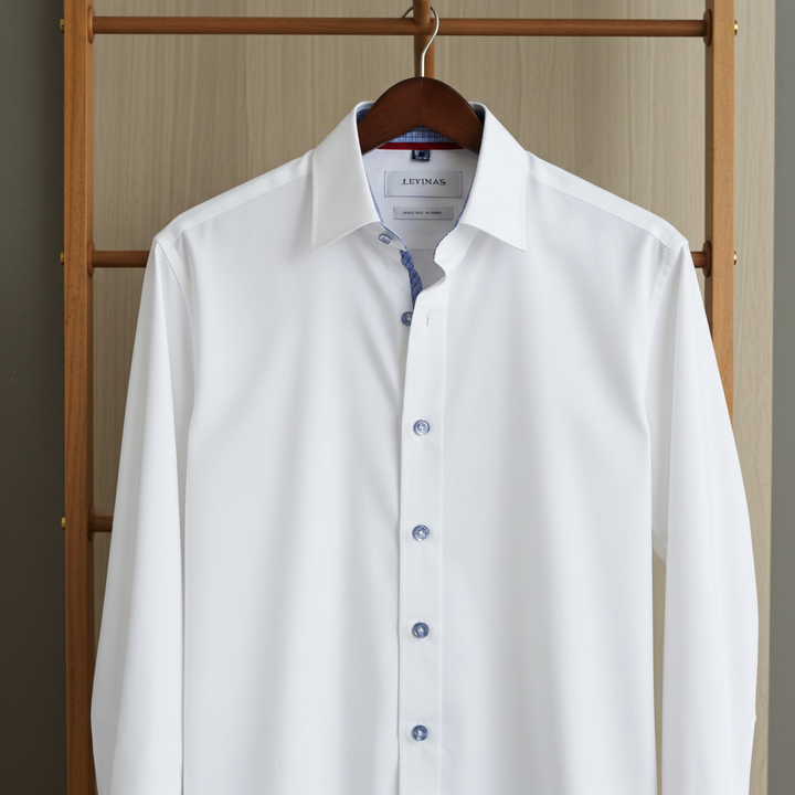 Edward// // Cotton Knit-Stretch Button-Up Shirt With Contrast Details // White // Tailored Fit (Fitted)