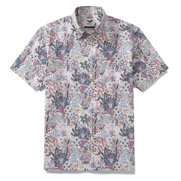 Men's Hawaiian Shirt Vibrant Jungle Print Cotton Button-down Short Sleeve Aloha Shirt By Sylvia