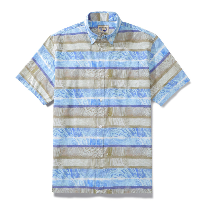 Men's Horizontal Stripe Shirt Blue Waves Print Casual Short Sleeve Button Down By Sylvia