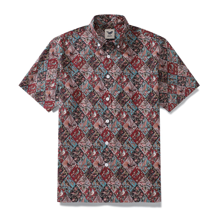 Men's Hawaiian Shirt Symphony of Birds Print Cotton Button-down Short Sleeve Aloha Shirt By Amy