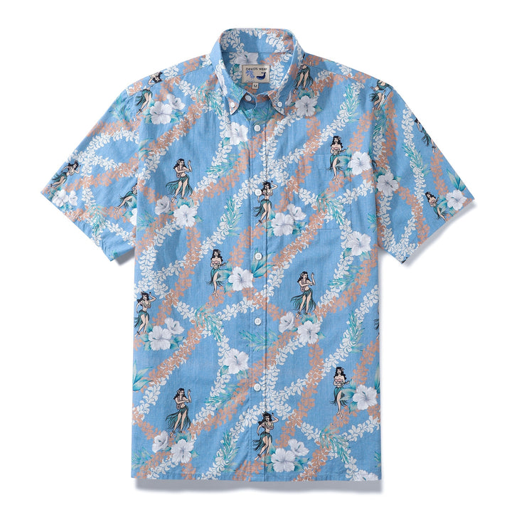 Hawaiian Shirt For Men Blue Short Sleeve Hawaii Hula Dance Print Designer Shirt By Amy