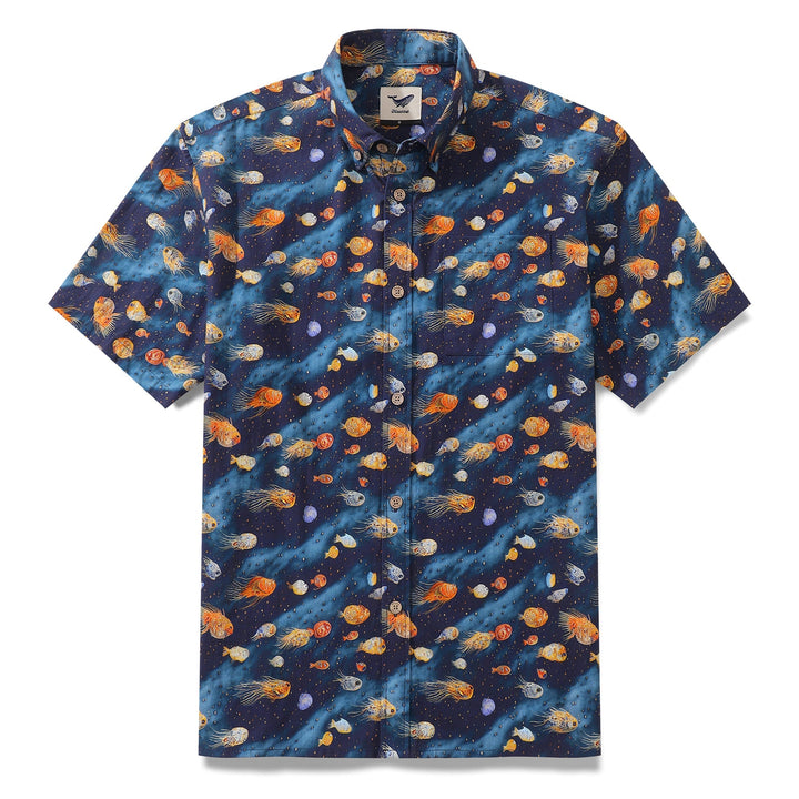 Men's Hawaiian Shirt Aquatic Reverie Print Cotton Button-down Short Sleeve Aloha Shirt By Amy