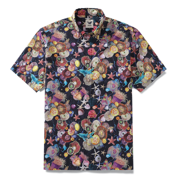 Men's Hawaiian Shirt Coral Wonderland Print Cotton Button-down Short Sleeve Aloha Shirt By Sylvia