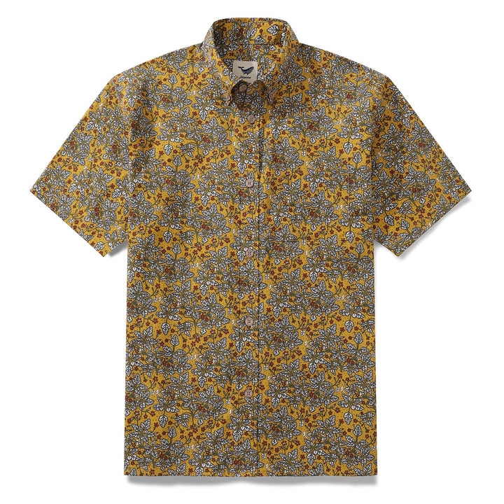 Men's Hawaiian Shirt Leaves and Flowers Print Cotton Button-down Short Sleeve Aloha Shirt By Yakima