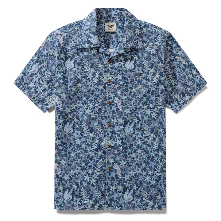 Hawaiian Shirt For Men Sea Stars and Coral Shirt Camp Collar 100% Cotton By Sherry
