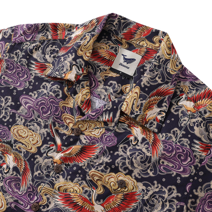 Hawaiian Shirt For Men Lonely Clouds and Free Cranes Print Shirt Camp Collar 100% Cotton By Yakima