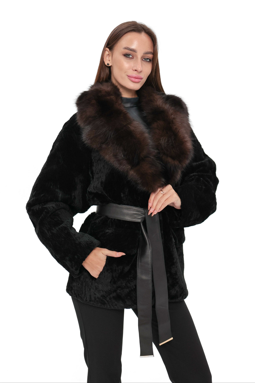 Modena Genuine Astrakhan Polar Fox Trim Coat