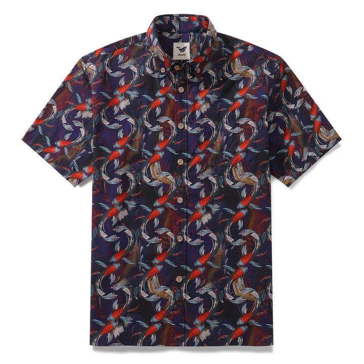 Men's Hawaiian Shirt Good Fortune Koi Print Cotton Button-down Short Sleeve Aloha Shirt By Cigar