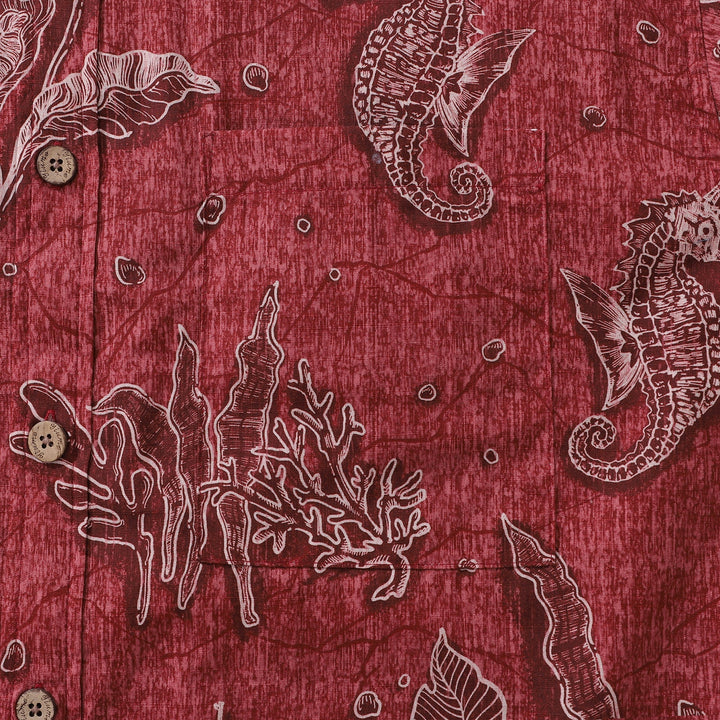 Red Hawaiian Shirt For Men Seahorses Shirt Button-down Short Sleeve 100% Cotton Shirt By Sun