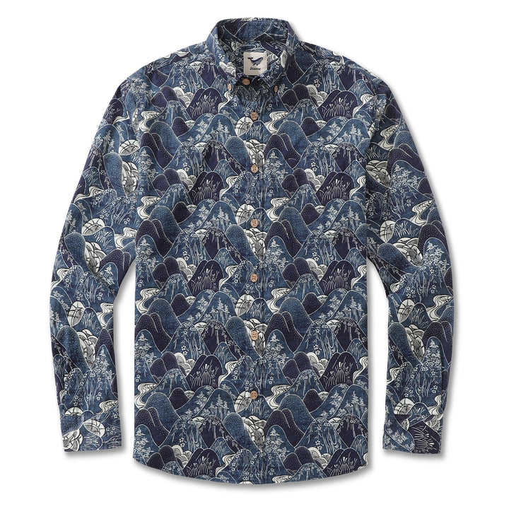 Men's Hawaiian Shirt Serenity Falls Cotton Button-down Long Sleeve Aloha Shirt By Cigar
