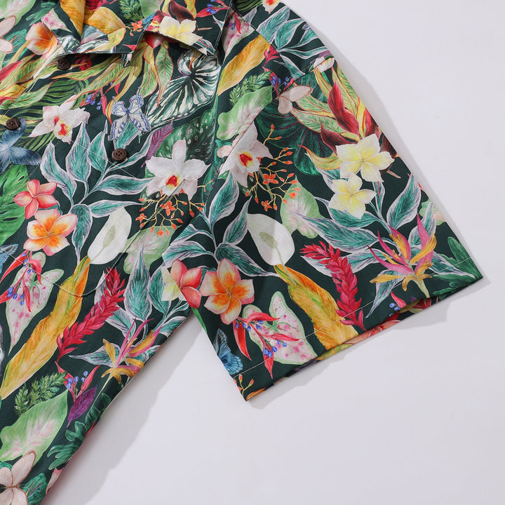 Hawaiian Tropical Shirt For Men Floral Butterfly Fantasy Shirt Camp Collar 100% Cotton By Cigar