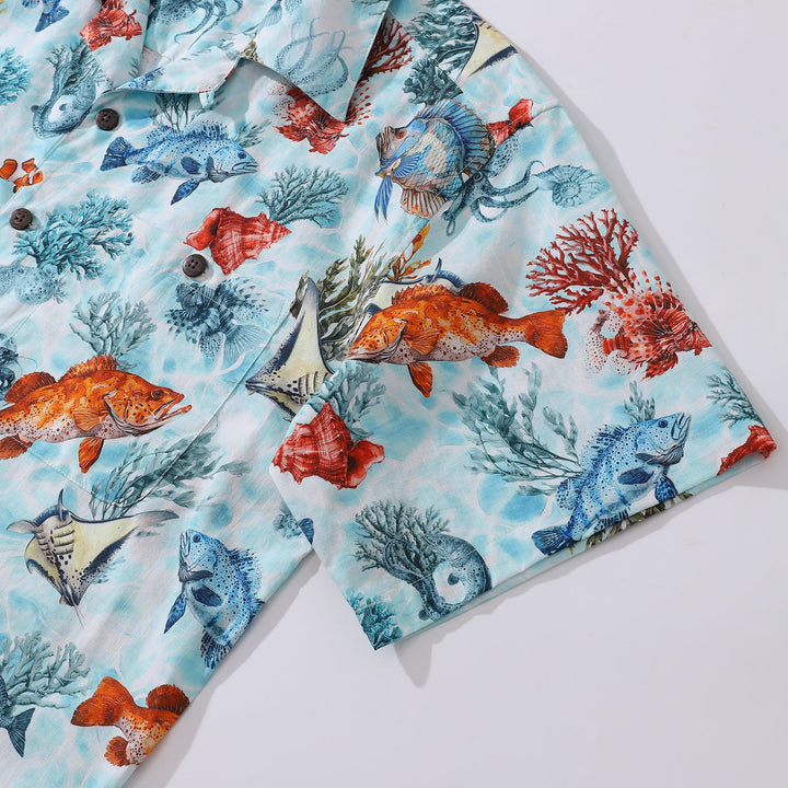 Bluey Hawaiian Shirt For Men Fish Shirt Camp Collar 100% Cotton Shirt By Sun
