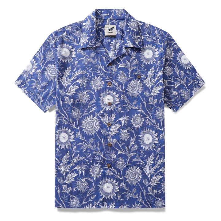 Hawaiian Shirt For Men Blue and White Porcelain Sunflower Camp collar Short Sleeve 100% Cotton Shirt By Sun