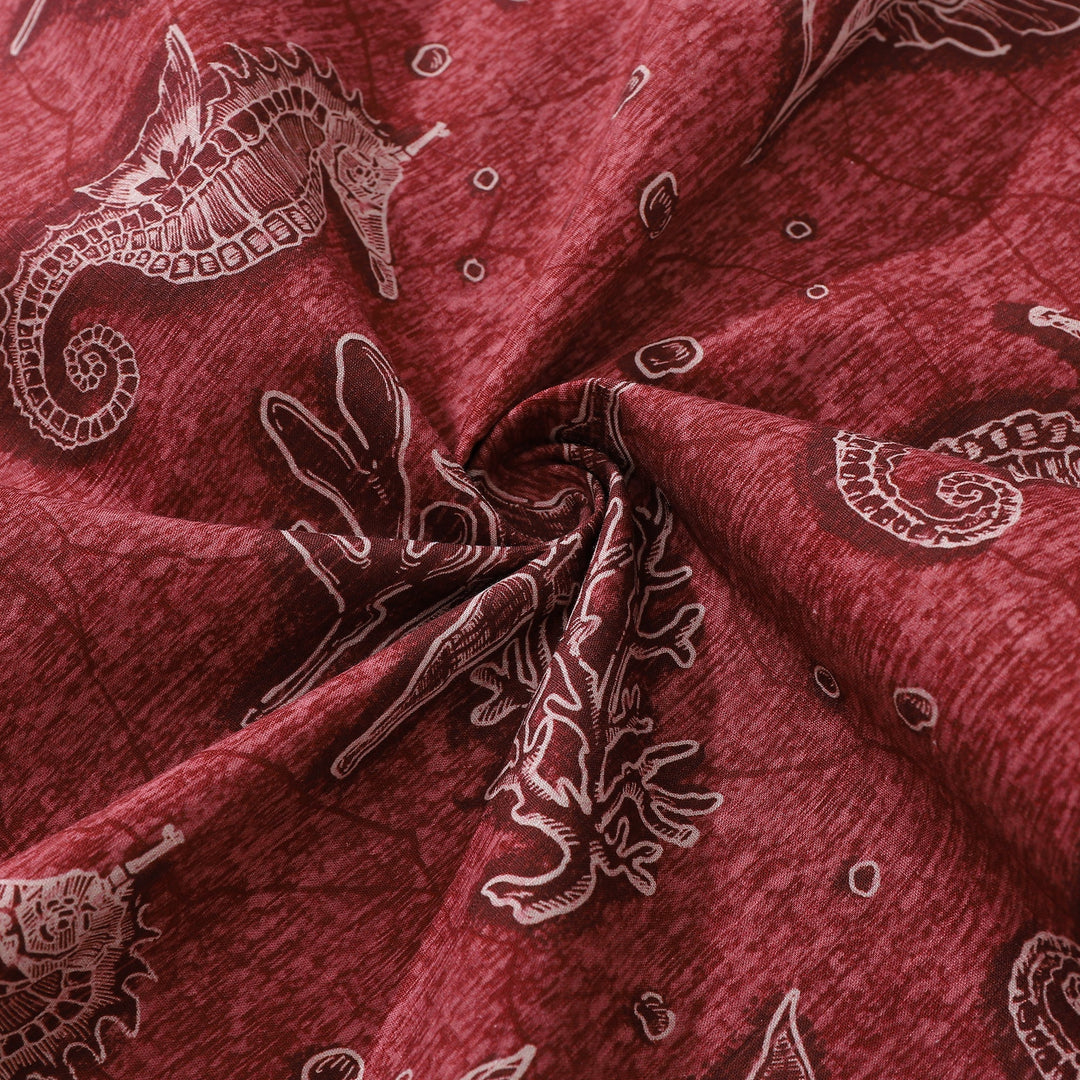 Red Hawaiian Shirt For Men Seahorses Shirt Button-down Short Sleeve 100% Cotton Shirt By Sun