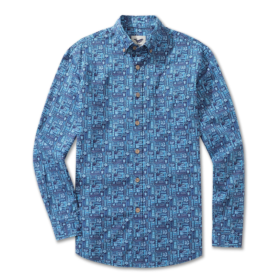 Men's Hawaiian Shirt TIKI Paradise Cotton Button-down Long Sleeve Aloha Shirt By Amy