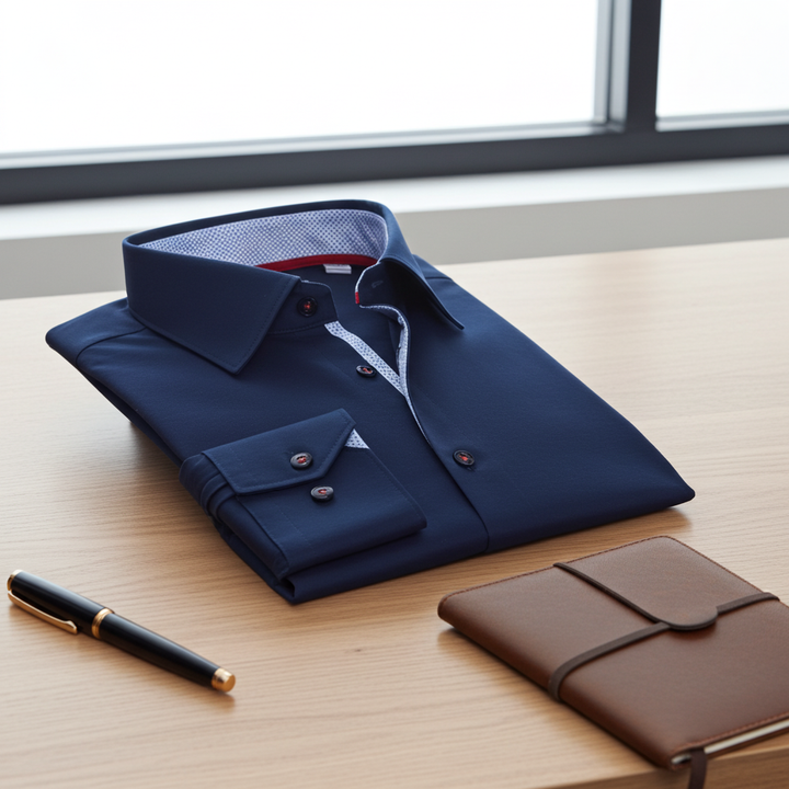 Paul// Cotton Knit-Stretch Button-Up Shirt With Contrast Details // Navy // Tailored Fit (Fitted)