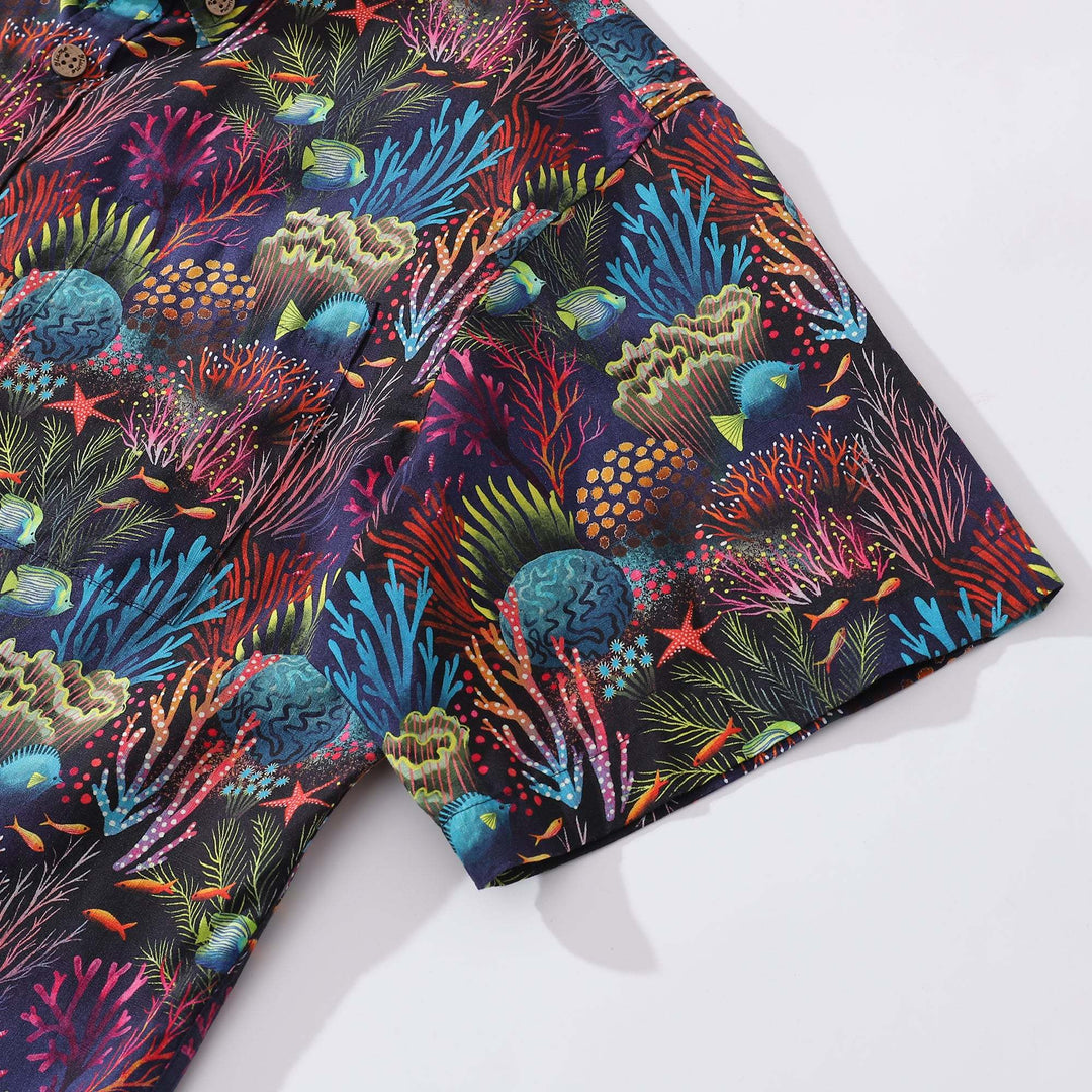Mens Hawaiian Shirt Short Sleeve Fish Shirt Coral Reef Cotton Beach Shirt Magical World Coral Reef By Uta Krogmann