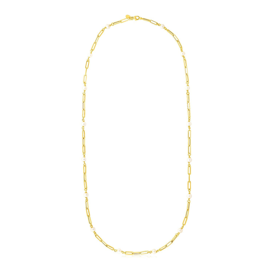 14k Yellow Gold Paperclip Chain and Pearl Necklace