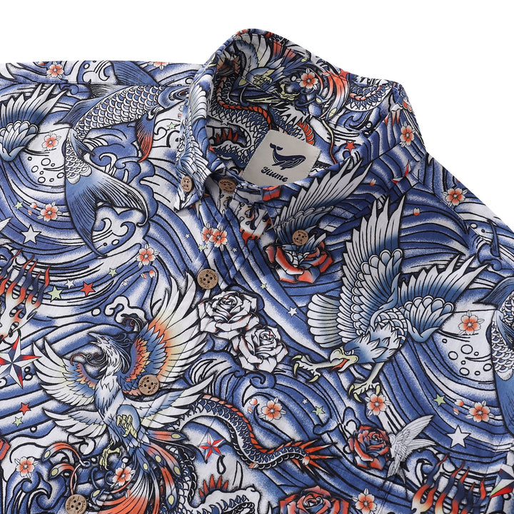Men's Hawaiian Shirt Zen Waves - Tattoo Harmony Cotton Button-down Short Sleeve Aloha Shirt By Yakima