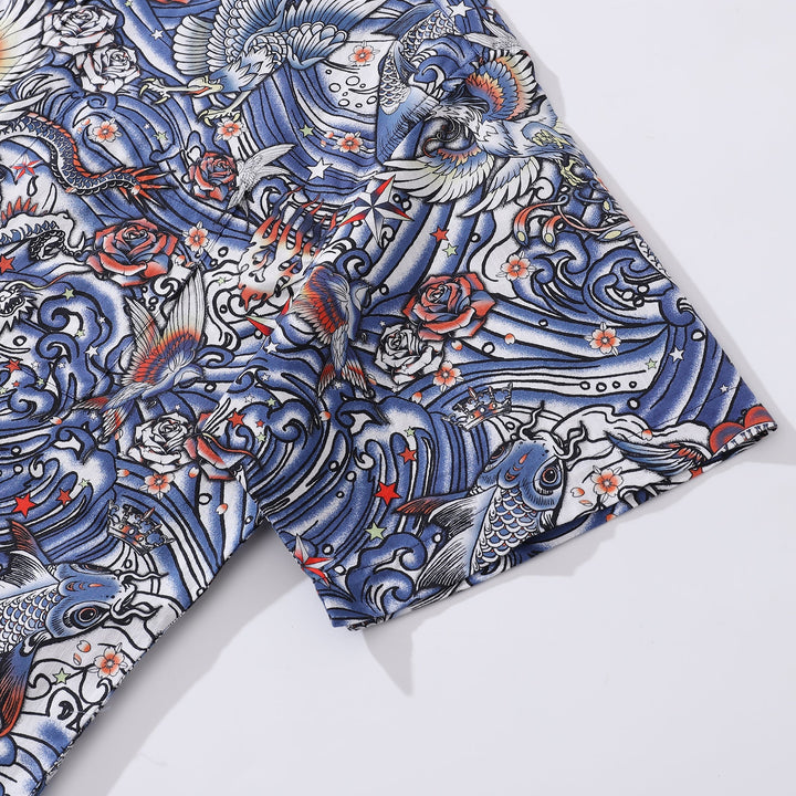 Men's Hawaiian Shirt Zen Waves - Tattoo Harmony Cotton Button-down Short Sleeve Aloha Shirt By Yakima