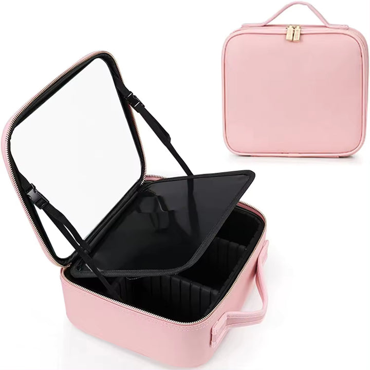 Makeup Bag with LED Mirror Cosmetic Travel Case with Adjustable Dividers, Makeup Case with Jewlery Box Organizer