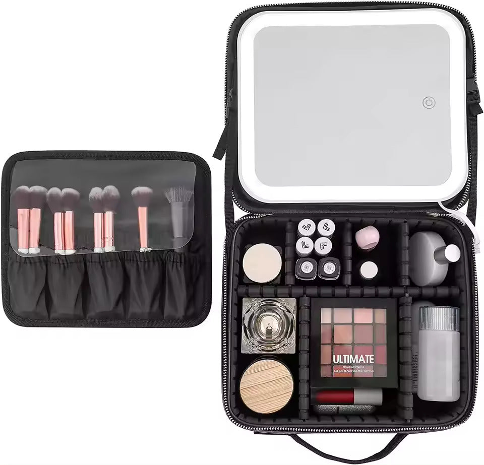 Makeup Bag with LED Mirror Cosmetic Travel Case with Adjustable Dividers, Makeup Case with Jewlery Box Organizer