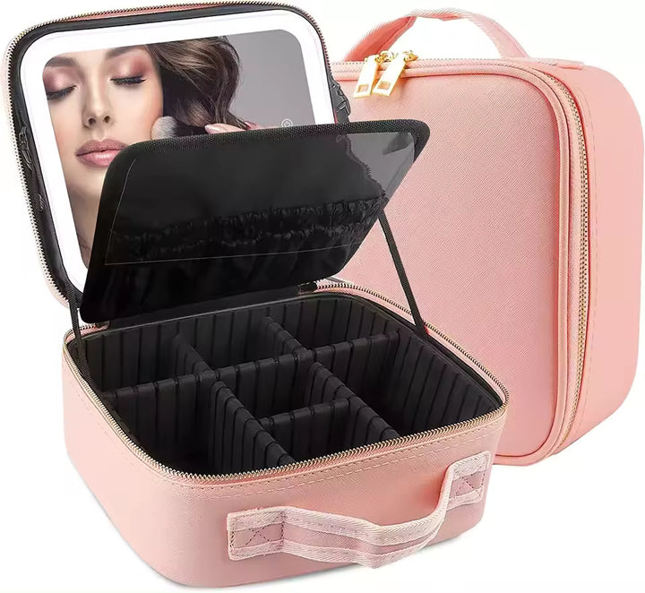 Makeup Bag with LED Mirror Cosmetic Travel Case with Adjustable Dividers, Makeup Case with Jewlery Box Organizer