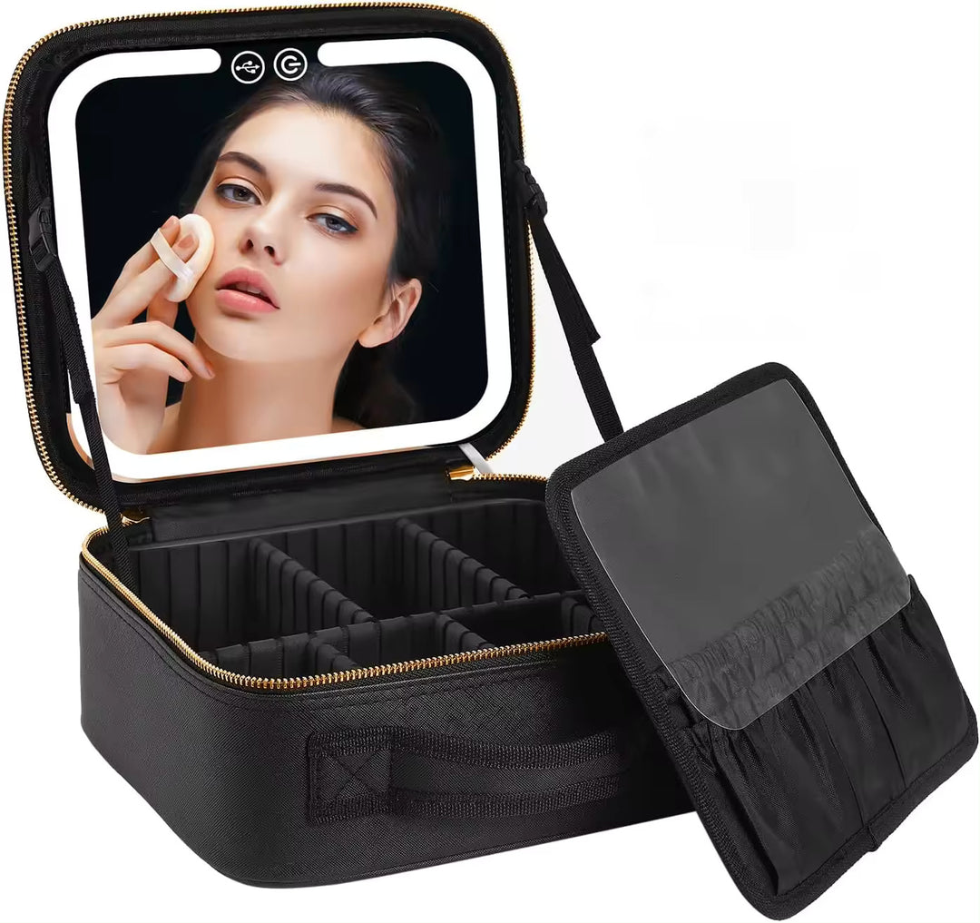 Makeup Bag with LED Mirror Cosmetic Travel Case with Adjustable Dividers, Makeup Case with Jewlery Box Organizer