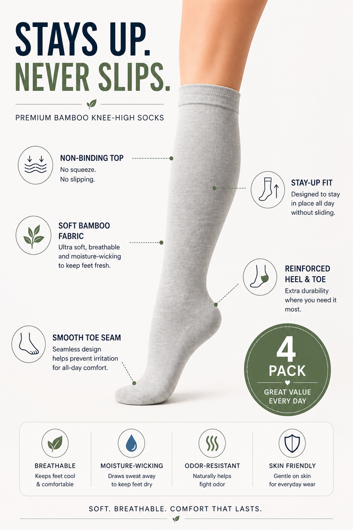 Women’s Bamboo Knee-High Socks 4-Pack – Soft & Breathable