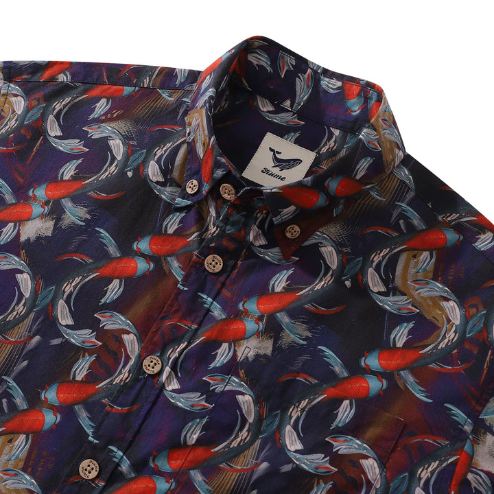 Men's Hawaiian Shirt Good Fortune Koi Print Cotton Button-down Short Sleeve Aloha Shirt By Cigar