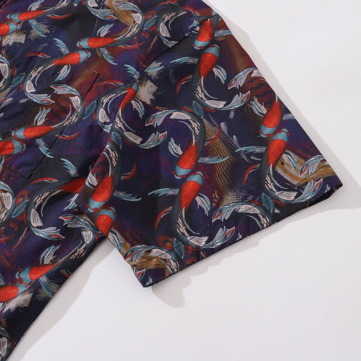 Men's Hawaiian Shirt Good Fortune Koi Print Cotton Button-down Short Sleeve Aloha Shirt By Cigar