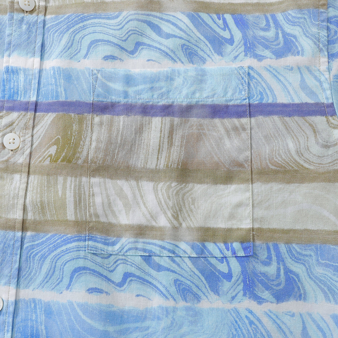 Men's Horizontal Stripe Shirt Blue Waves Print Casual Short Sleeve Button Down By Sylvia