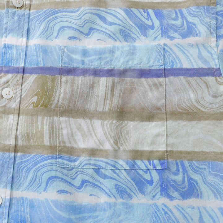Men's Horizontal Stripe Shirt Blue Waves Print Casual Short Sleeve Button Down By Sylvia