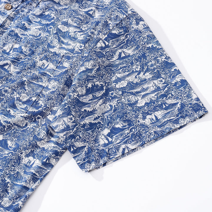 Men's Hawaiian Shirt Voyage of Discovery Print Cotton Button-down Short Sleeve Aloha Shirt By Amy
