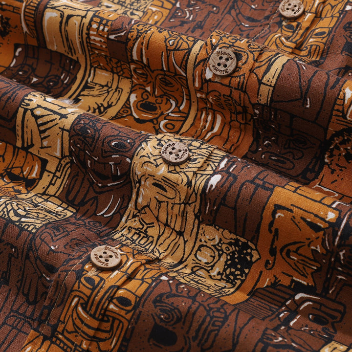 1940s Hawaiian Shirt For Men TIKI Print Cotton Button Down Short Sleeve Aloha Shirt By Sun