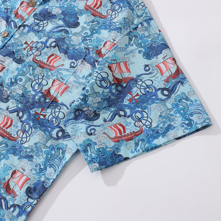 Men's Hawaiian Shirt Vikings By Alice Brown Cotton Button-down Short Sleeve Aloha Shirt