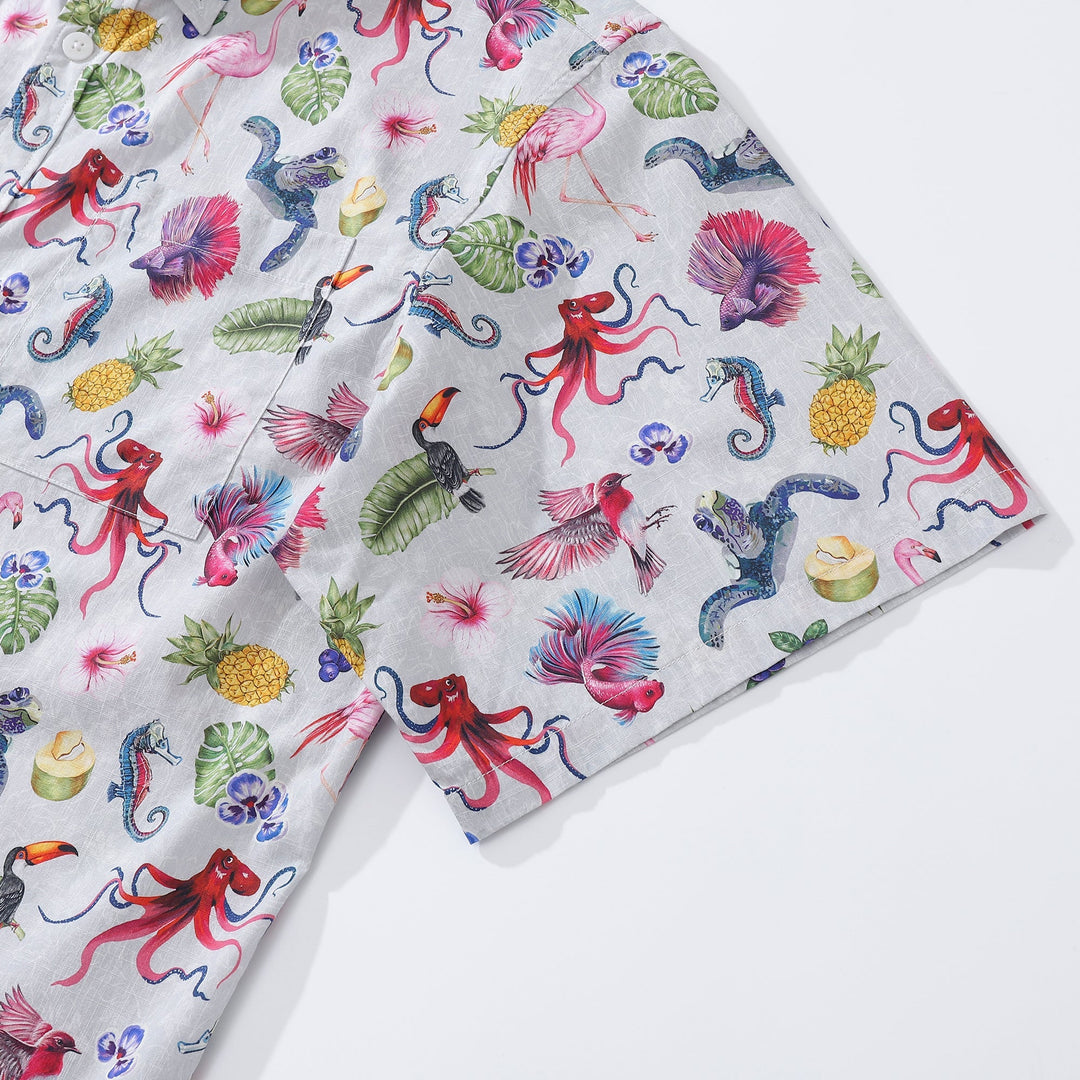Men's Hawaiian Shirt Tropical Symphony Print Cotton Button-down Short Sleeve Aloha Shirt By Amy