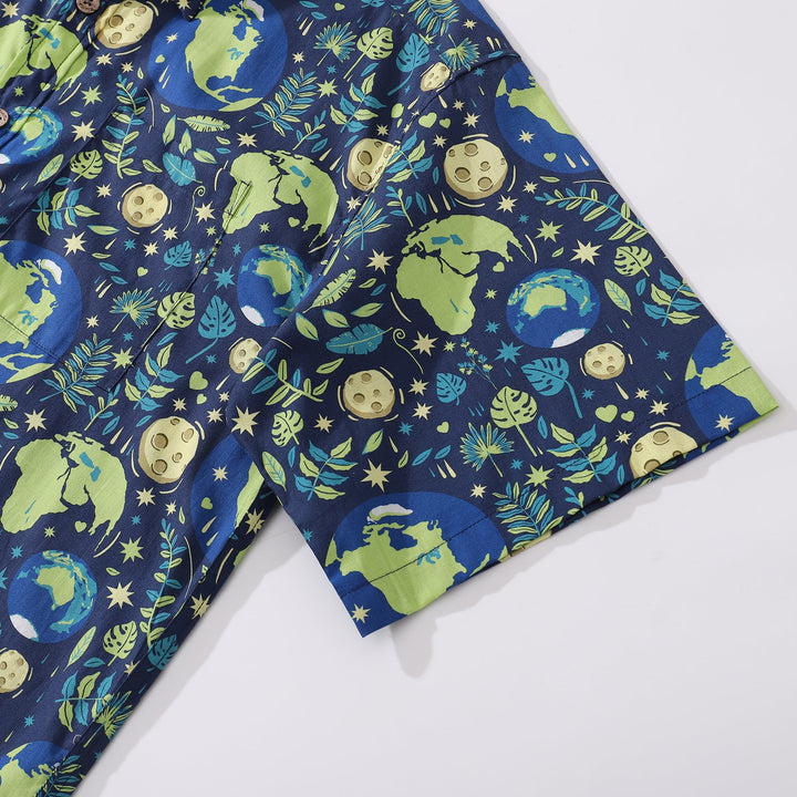 Men's Hawaiian Shirt Blue Planet Earth Day Shirt Cotton Button-down Short Sleeve Aloha Shirt By Yakima