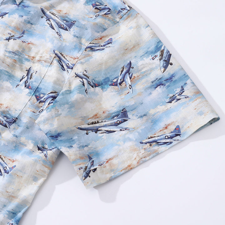 Men's Airplane Hawaiian Shirt Pioneering Pilots Print Cotton Short Sleeve Aloha Shirt By Amy