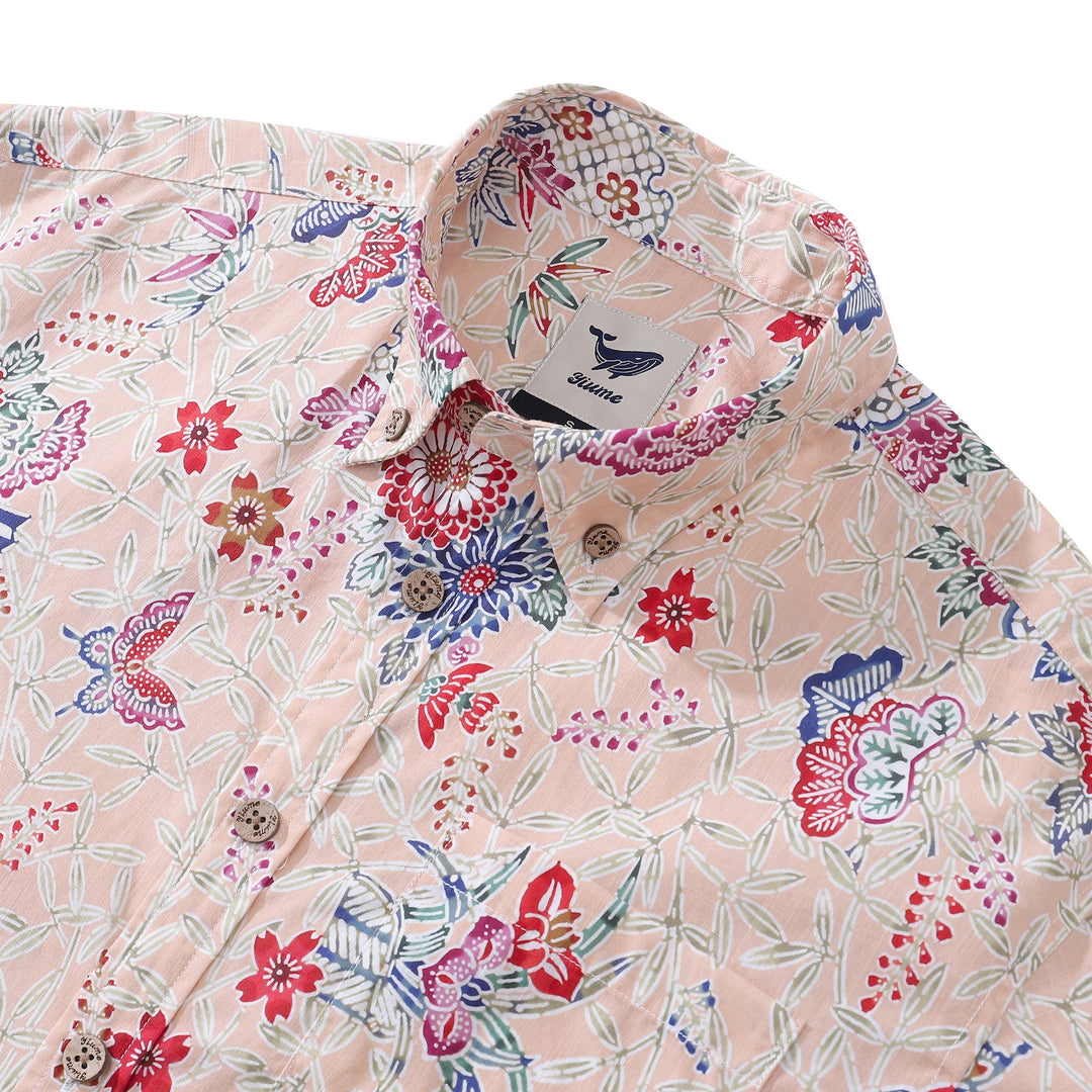 Men's Hawaiian Shirt Blossoms and Butterflies Print Cotton Button-down Short Sleeve Aloha Shirt By Amy