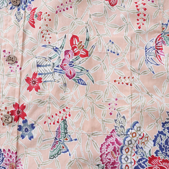 Men's Hawaiian Shirt Blossoms and Butterflies Print Cotton Button-down Short Sleeve Aloha Shirt By Amy