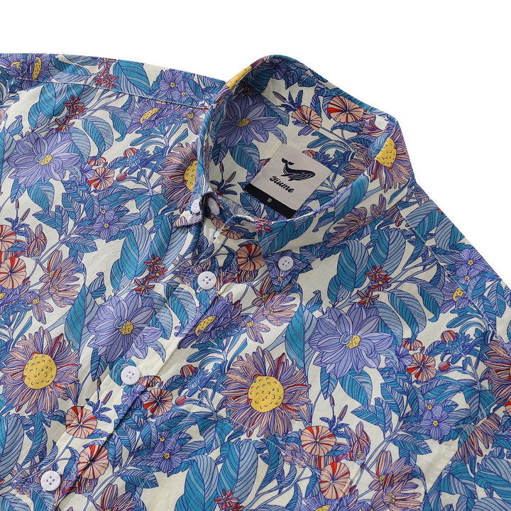 Men's Hawaiian Shirt Flower Sea Print Cotton Button-down Short Sleeve Aloha Shirt By Amy