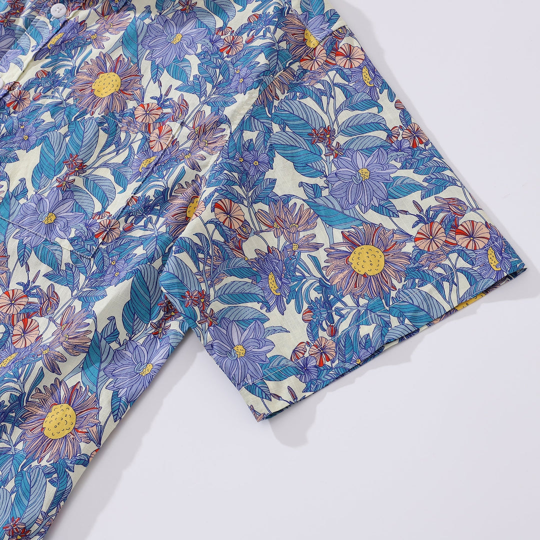 Men's Hawaiian Shirt Flower Sea Print Cotton Button-down Short Sleeve Aloha Shirt By Amy