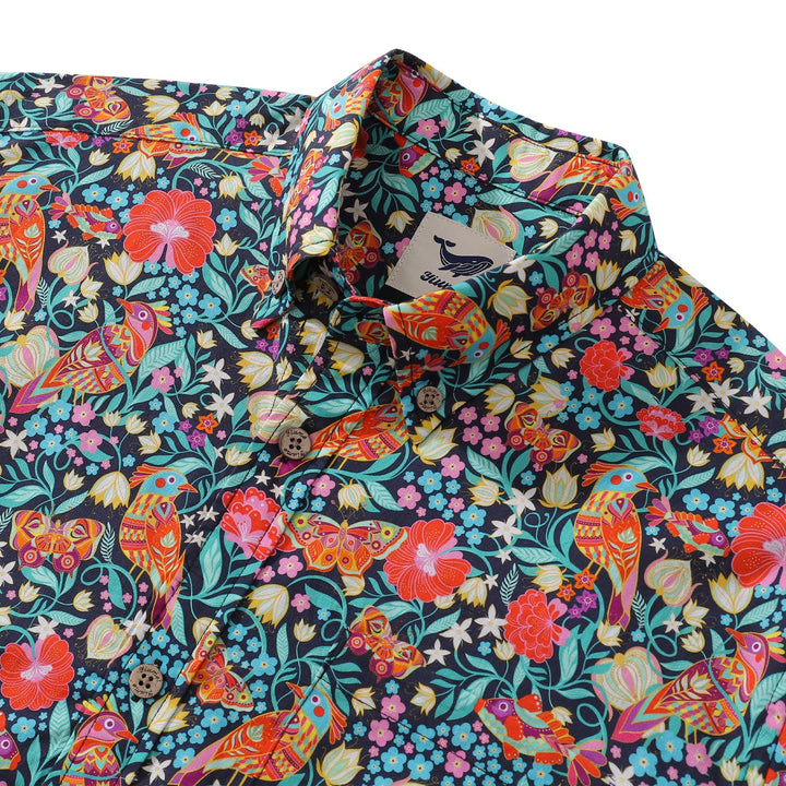 Men's Hawaiian Shirt Magic Garden Birds By Car Pintos Print Cotton Button-down Short Sleeve Aloha Shirt