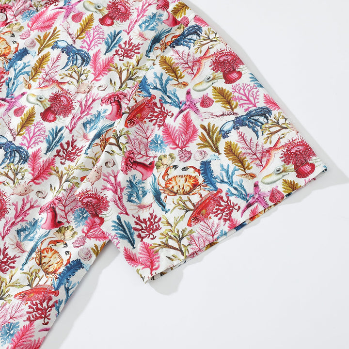 Hawaiian Shirt For Men Marine Life Print Short Sleeve Cotton Button Down - Rose Pink By Amy
