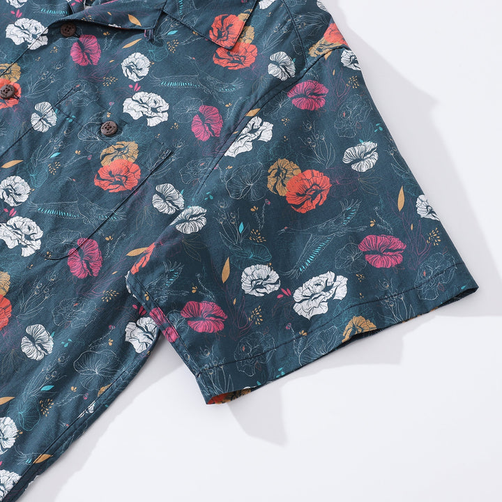 Hawaiian Shirt For Men Cranes Over Flowers By Véronique Shirt Camp Collar 100% Cotton