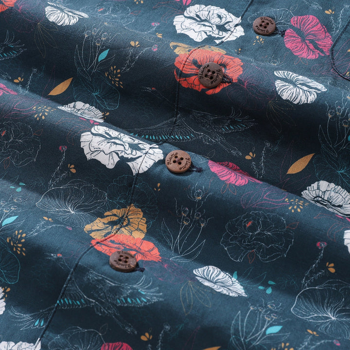 Hawaiian Shirt For Men Cranes Over Flowers By Véronique Shirt Camp Collar 100% Cotton